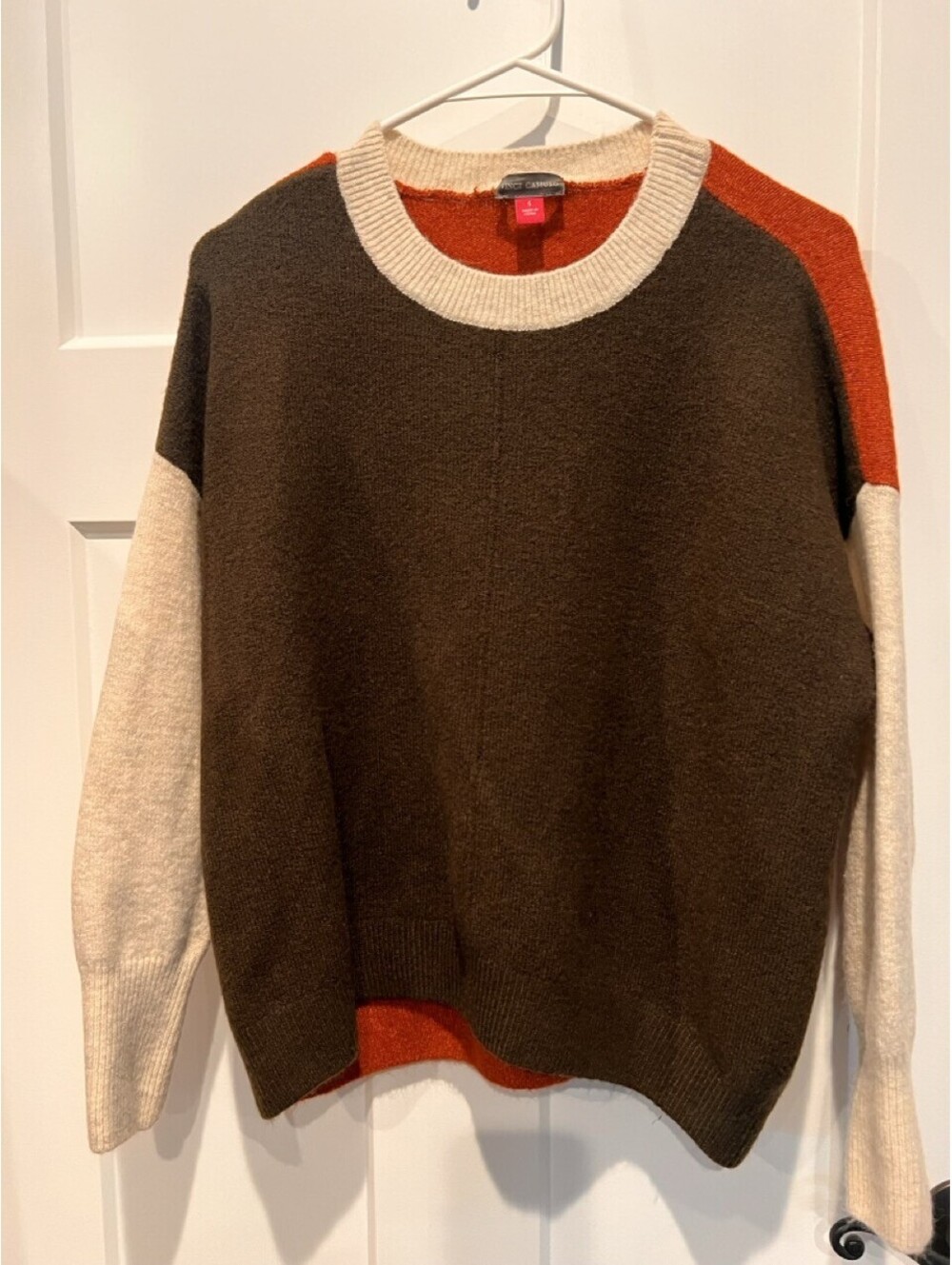 Vince Camuto Womens S Brown Rust Colorblock Crewneck Knit Sweater